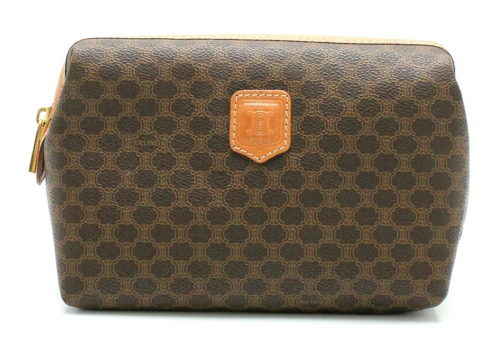 Celine Macadam Pouch Clutch Cosmetic Makeup Accessory Case Leather Brown Dark